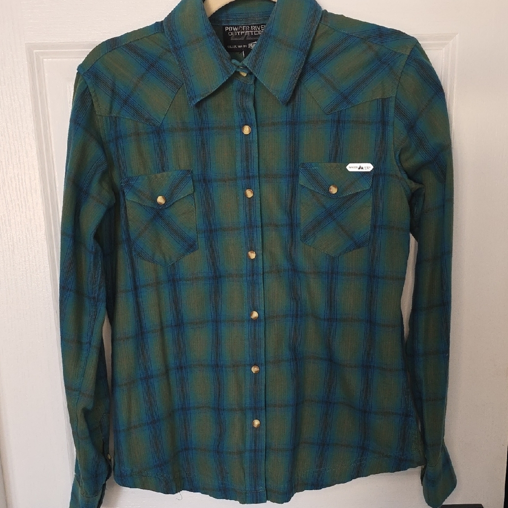 Powder River  Women's Blue and Green Plaid Button Down Shirt